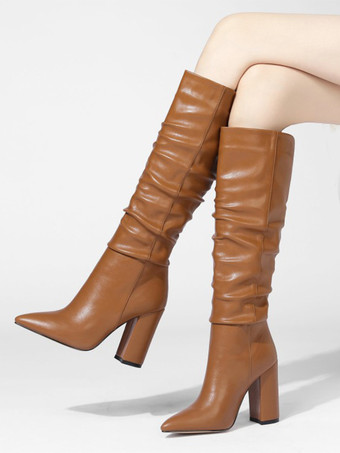 ブラック ルーシュ ニーハイブーツ チャンキーヒール ポインテッドトゥブーツ レディース