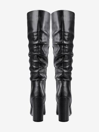 ブラック ルーシュ ニーハイブーツ チャンキーヒール ポインテッドトゥブーツ レディース