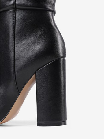 ブラック ルーシュ ニーハイブーツ チャンキーヒール ポインテッドトゥブーツ レディース