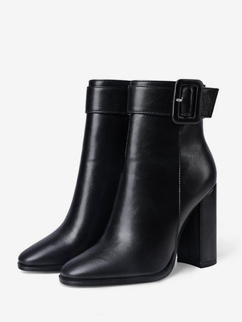 ブラック ブラック ブロックヒール アンクルブーツ バックルディテール ラウンドトゥ ブーティ