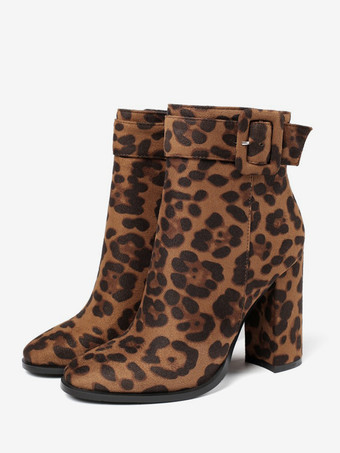 ヒョウ柄ブラック ブロックヒール アンクルブーツ バックルディテール ラウンドトゥ ブーティ