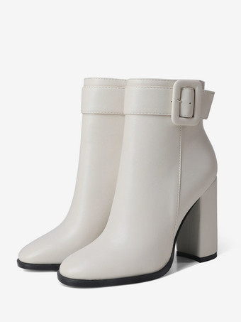 アイボリー ブラック ブロックヒール アンクルブーツ バックルディテール ラウンドトゥ ブーティ