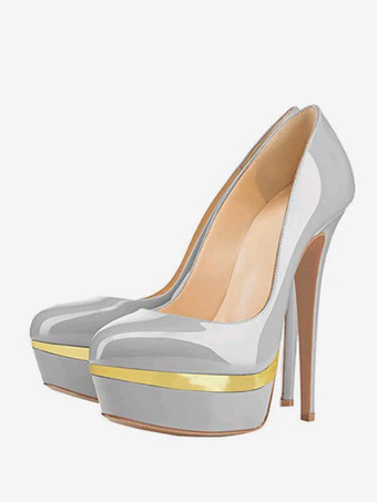 ライトグレーグレー プラットフォーム パンプス ハイヒール ラウンドトゥ スリッポン ドレスシューズ