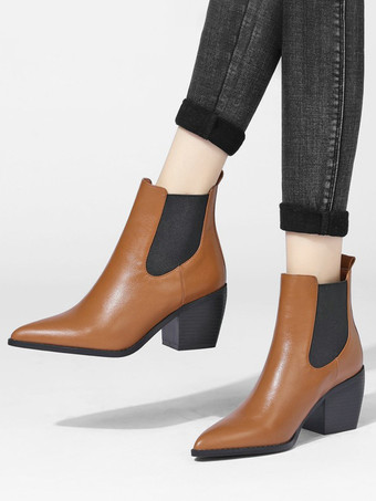 レディース ポインテッドトゥ チェルシーブーツ チャンキーヒール