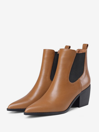 ブラウン レディース ポインテッドトゥ チェルシーブーツ チャンキーヒール