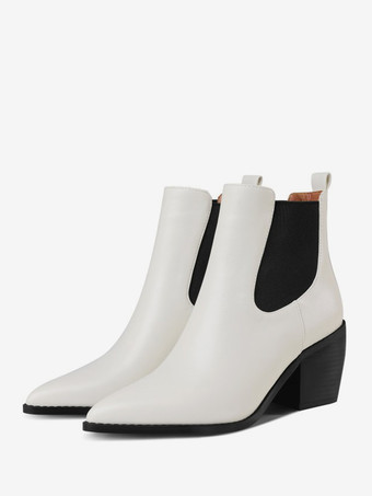 アイボリー レディース ポインテッドトゥ チェルシーブーツ チャンキーヒール