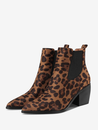 ヒョウ柄レディース ポインテッドトゥ チェルシーブーツ チャンキーヒール