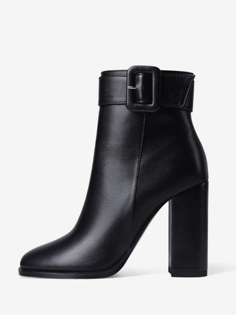 ブラック ブロックヒール アンクルブーツ バックルディテール ラウンドトゥ ブーティ