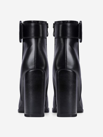 ブラック ブロックヒール アンクルブーツ バックルディテール ラウンドトゥ ブーティ