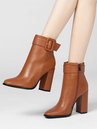 ブラック ブロックヒール アンクルブーツ バックルディテール ラウンドトゥ ブーティ