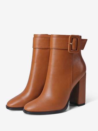 ブラウン ブラック ブロックヒール アンクルブーツ バックルディテール ラウンドトゥ ブーティ