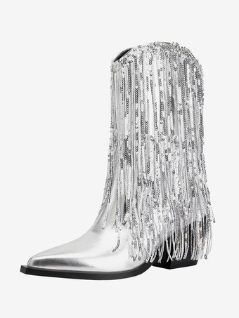 シルバー パーティー アブクルブーツ スパンコール タッセル ポインテッドトゥ ブロックヒール ブーティ