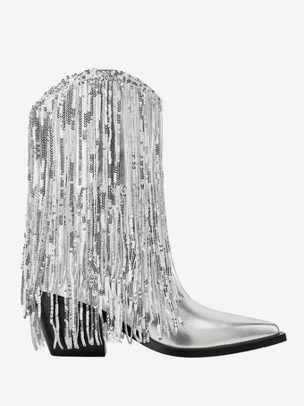 シルバー パーティー アブクルブーツ スパンコール タッセル ポインテッドトゥ ブロックヒール ブーティ