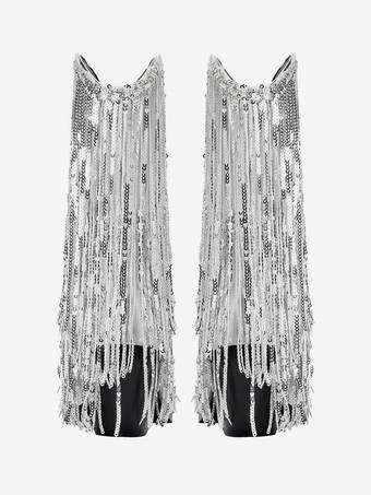 シルバー パーティー アブクルブーツ スパンコール タッセル ポインテッドトゥ ブロックヒール ブーティ