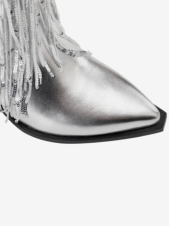 シルバー パーティー アブクルブーツ スパンコール タッセル ポインテッドトゥ ブロックヒール ブーティ