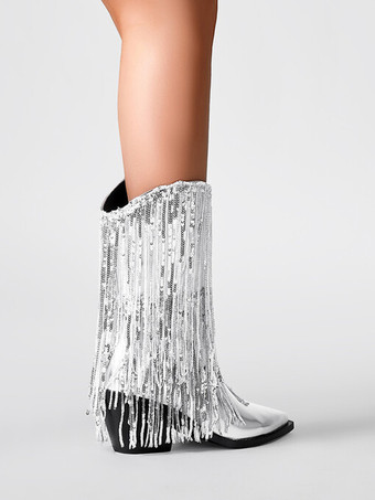 シルバー パーティー アブクルブーツ スパンコール タッセル ポインテッドトゥ ブロックヒール ブーティ