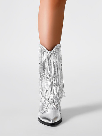 シルバー パーティー アブクルブーツ スパンコール タッセル ポインテッドトゥ ブロックヒール ブーティ