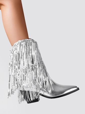 シルバー パーティー アブクルブーツ スパンコール タッセル ポインテッドトゥ ブロックヒール ブーティ
