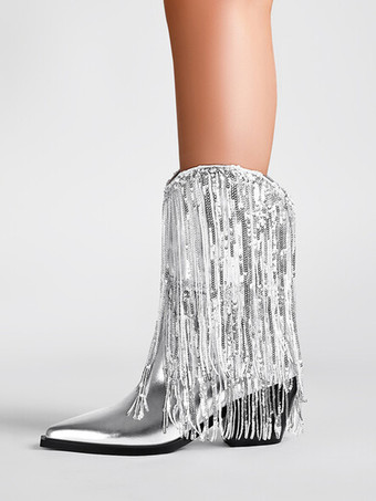 シルバー シルバー パーティー アブクルブーツ スパンコール タッセル ポインテッドトゥ ブロックヒール ブーティ