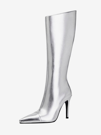 シルバーパーティーニーハイブーツポインテッドトゥハイヒールブーツ