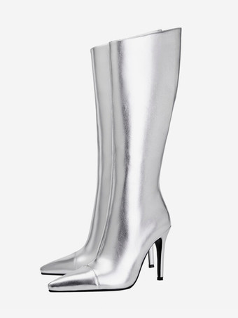 シルバーパーティーニーハイブーツポインテッドトゥハイヒールブーツ