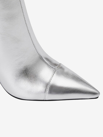 シルバーパーティーニーハイブーツポインテッドトゥハイヒールブーツ