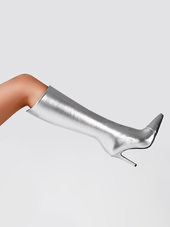 シルバーパーティーニーハイブーツポインテッドトゥハイヒールブーツ