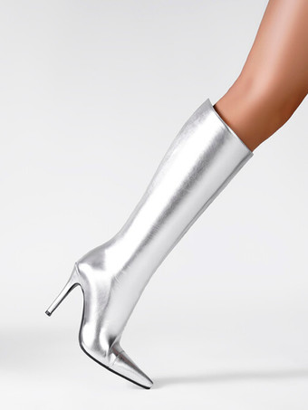シルバーパーティーニーハイブーツポインテッドトゥハイヒールブーツ