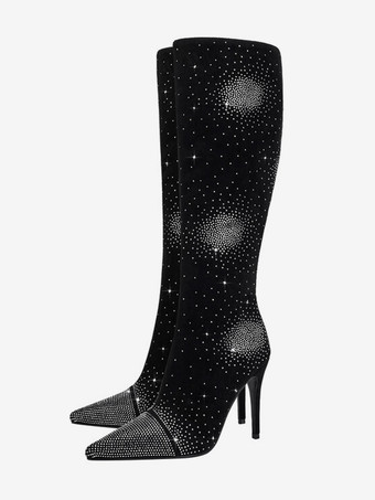 Botas hasta la rodilla con punta puntiaguda Botas de fiesta de tacón alto con diamantes de imitación