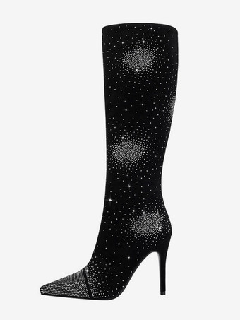 Botas hasta la rodilla con punta puntiaguda Botas de fiesta de tacón alto con diamantes de imitación