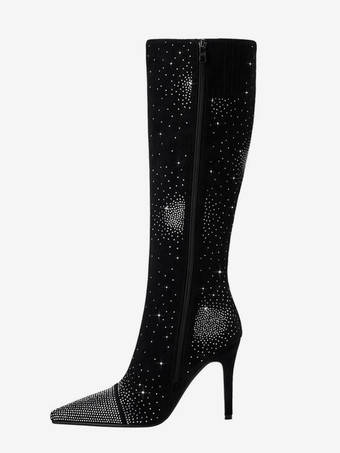 Botas hasta la rodilla con punta puntiaguda Botas de fiesta de tacón alto con diamantes de imitación
