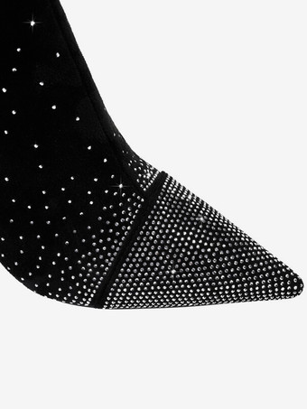 Botas hasta la rodilla con punta puntiaguda Botas de fiesta de tacón alto con diamantes de imitación