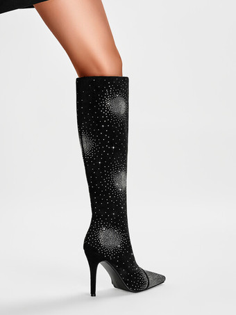 Botas hasta la rodilla con punta puntiaguda Botas de fiesta de tacón alto con diamantes de imitación