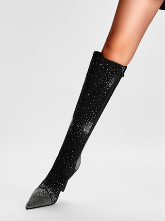 Botas hasta la rodilla con punta puntiaguda Botas de fiesta de tacón alto con diamantes de imitación