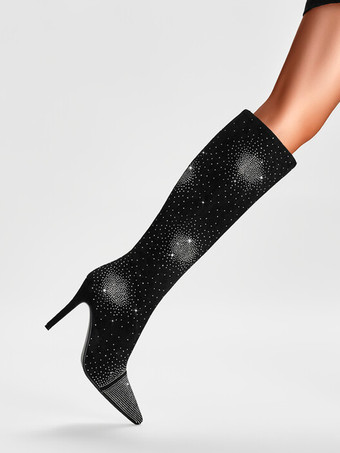 Botas hasta la rodilla con punta puntiaguda Botas de fiesta de tacón alto con diamantes de imitación