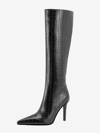 Stivali al ginocchio con motivo pietra nera Stivali al ginocchio con tacco a spillo e punta a punta