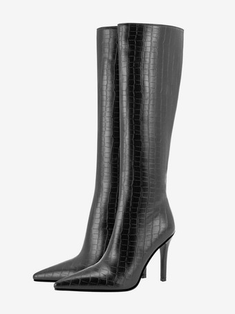 Stivali al ginocchio con motivo pietra nera Stivali al ginocchio con tacco a spillo e punta a punta