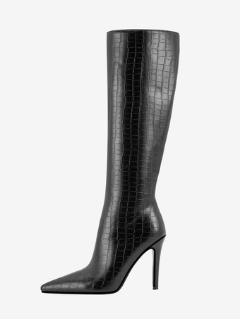 Stivali al ginocchio con motivo pietra nera Stivali al ginocchio con tacco a spillo e punta a punta