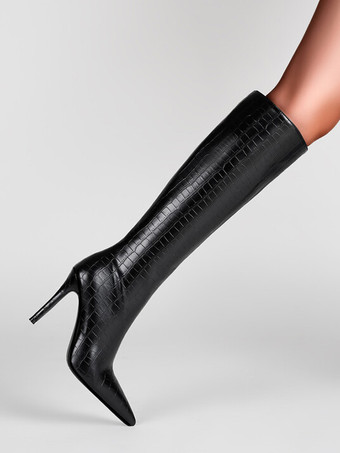 Stivali al ginocchio con motivo pietra nera Stivali al ginocchio con tacco a spillo e punta a punta