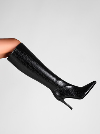 Stivali al ginocchio con motivo pietra nera Stivali al ginocchio con tacco a spillo e punta a punta