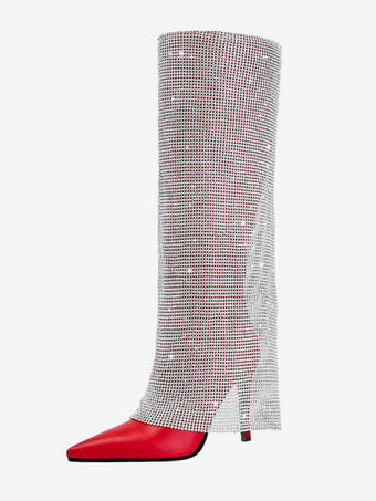 レディース パーティー ニーハイブーツ ラインストーン フォールドオーバー レッド ポインテッドトゥ ハイヒールブーツ