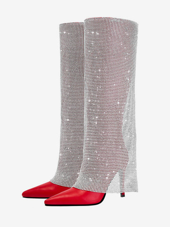 レディース パーティー ニーハイブーツ ラインストーン フォールドオーバー レッド ポインテッドトゥ ハイヒールブーツ