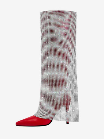 レディース パーティー ニーハイブーツ ラインストーン フォールドオーバー レッド ポインテッドトゥ ハイヒールブーツ