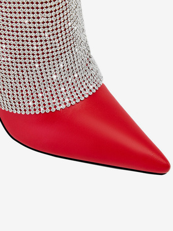 レディース パーティー ニーハイブーツ ラインストーン フォールドオーバー レッド ポインテッドトゥ ハイヒールブーツ