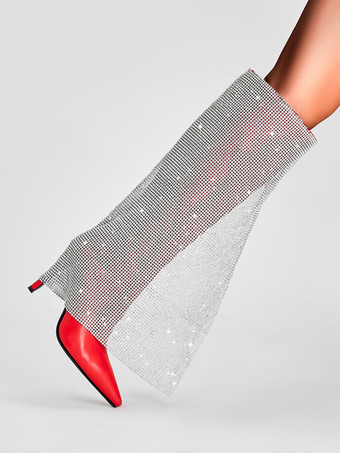 レディース パーティー ニーハイブーツ ラインストーン フォールドオーバー レッド ポインテッドトゥ ハイヒールブーツ