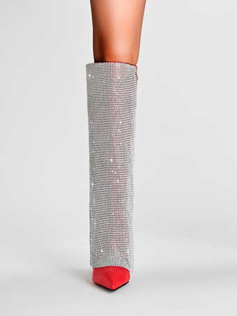 レディース パーティー ニーハイブーツ ラインストーン フォールドオーバー レッド ポインテッドトゥ ハイヒールブーツ