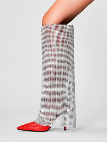 レッド レディース パーティー ニーハイブーツ ラインストーン フォールドオーバー レッド ポインテッドトゥ ハイヒールブーツ