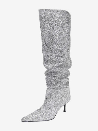 グリッターパーティーニーブーツ ポインテッドトゥ スラウチニーハイブーツ