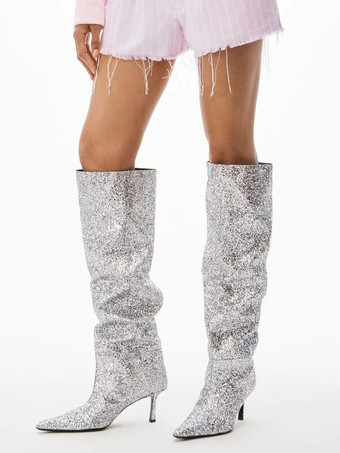 グリッターパーティーニーブーツ ポインテッドトゥ スラウチニーハイブーツ