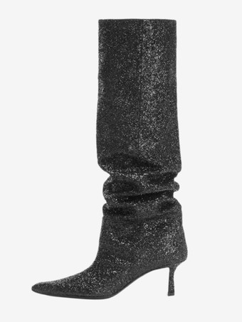 ブラック グリッターパーティーニーブーツ ポインテッドトゥ スラウチニーハイブーツ